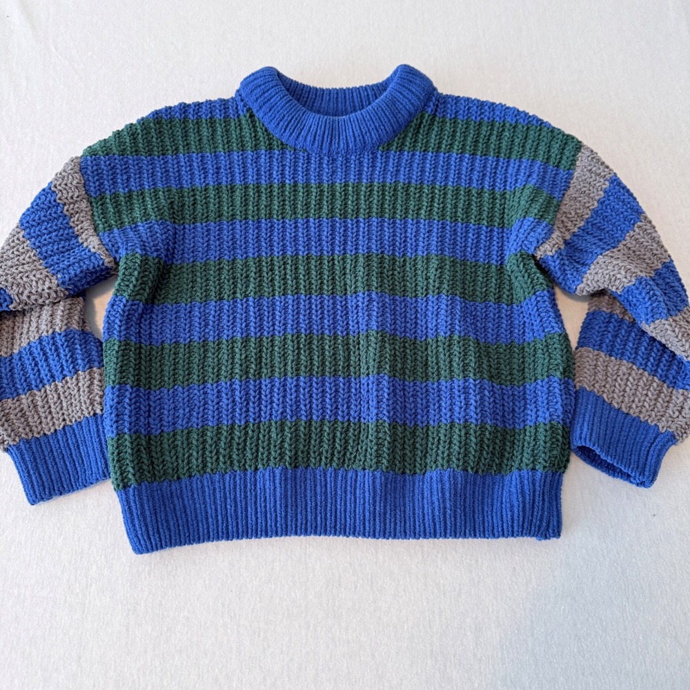 Hanna Andersson Striped Knit Sweater Kids Size 5 Blue Green Grey Chunky Cozy